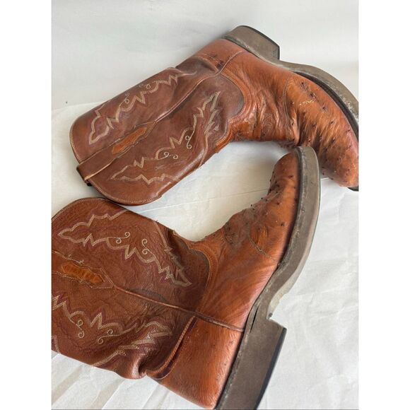 Lucchese 2000 Full Quill Ostrich Cowboy Boots Brown Leather 11D Flaws - Picture 3 of 12